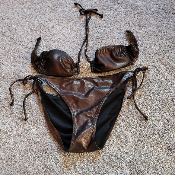 *Sale* NWOT Aldo Bikini Set Shimmery Brown Top S Bottom L Metallic Swim Bathing - Picture 1 of 9